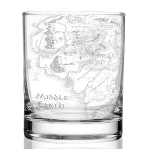 map of middle earth engraved whiskey rocks glass | inspired by the hobbit, lotr, middle earth, tolkien fantasy, & rings of power | great christmas fantasy gift & bourbon barware drinking decor!