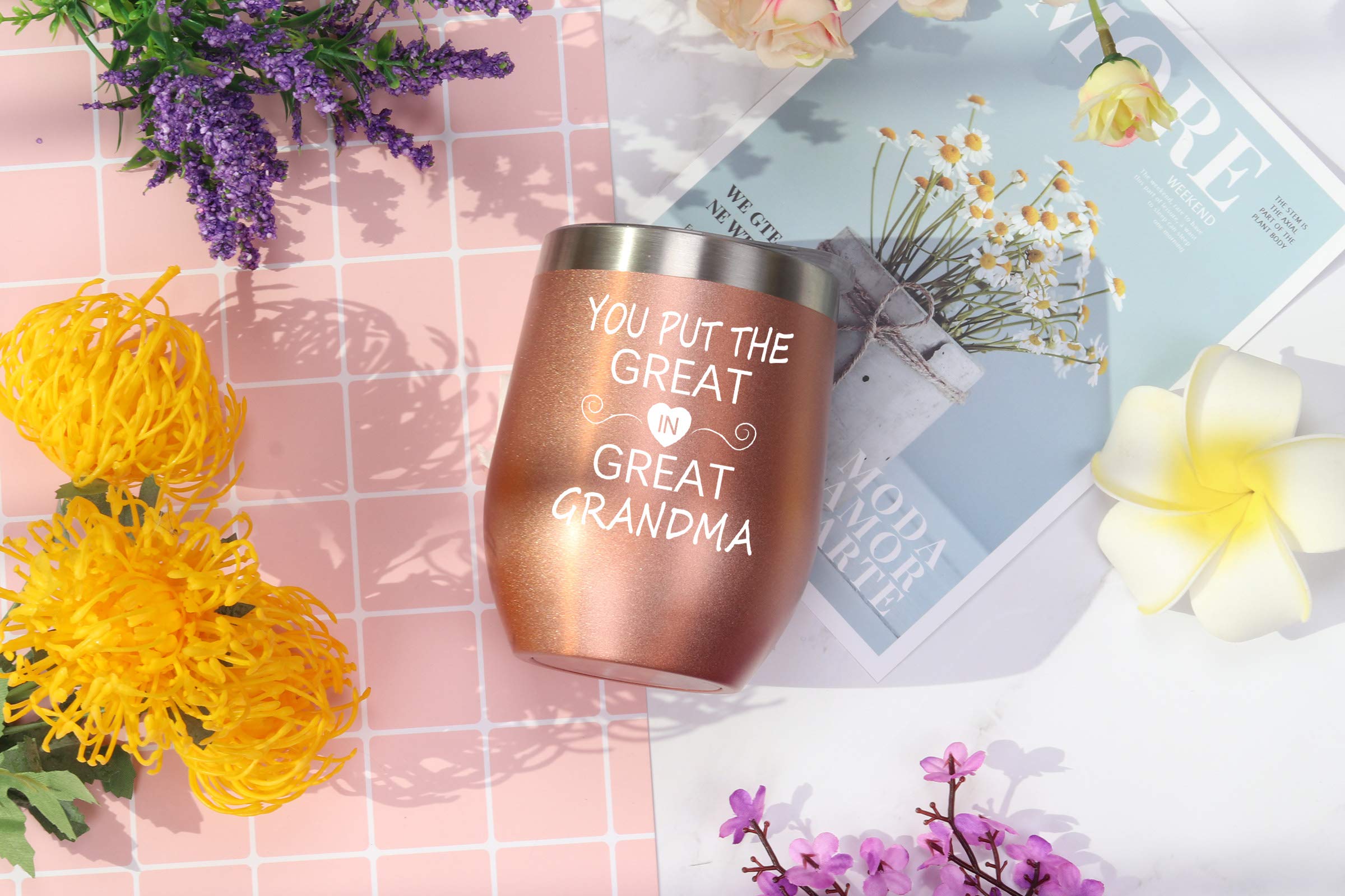 You Put The Great In Great Grandma Tumbler Great Grandma Wine Tumbler Birthday Mothers Day Gifts for Great Grandma Gifts from Great Grandchild Grandkids Grandson Granddaughter 12 Oz Gift Box Rose Gold