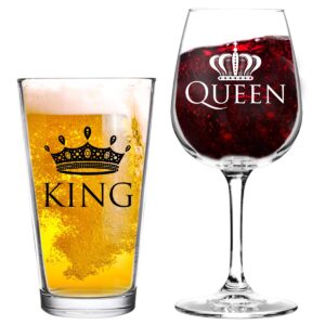 king and queen beer and wine glass gift set of 2 | fun novelty his and hers or husband wife drinkware | couple, newlywed | wedding or favorite couples | usa made