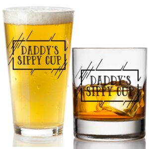 daddy’s sippy cup whiskey & beer glass gift set - funny new dad gifts for first time parents - unique christmas, fathers day, or birthday gift for expecting father