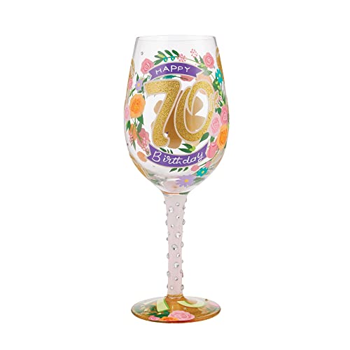 Enesco Designs by Lolita Happy 70th Birthday Hand-Painted Artisan Wine Glass, 1 Count (Pack of 1), Multicolor