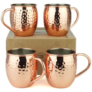 pg copper/rose gold plated stainless steel moscow mule mug - bar gift set 4 - factory direct (19 oz) - authentic traditional design - dimple finish hollow handle!