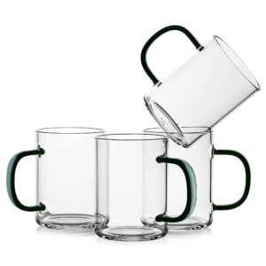 luxu glass coffee mugs set of 4,borosilicate glass coffee cups 9 fl.oz,lead-free drinking glasses,premium tea cups with dark green handle,latte & mocha mugs,espresso coffee gifts for home and cafe