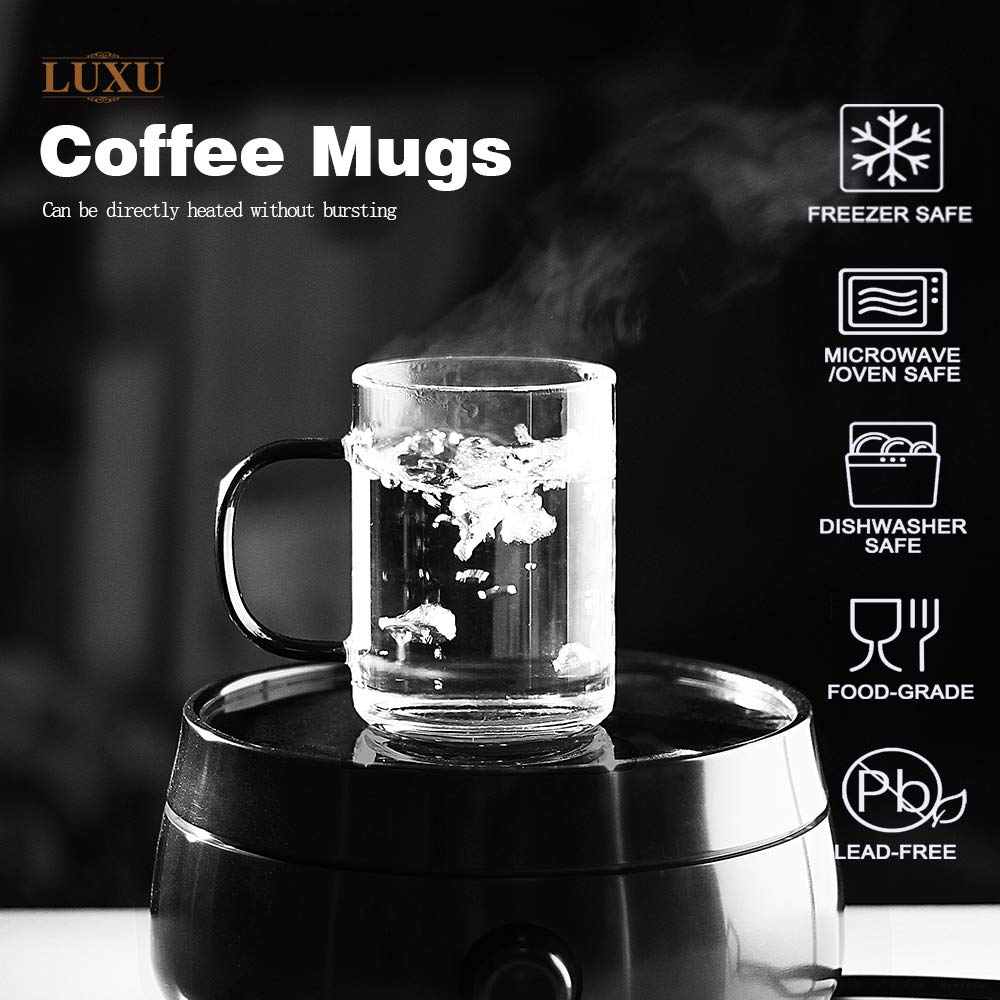 LUXU Glass Coffee Mugs Set of 4,Borosilicate Glass Coffee Cups 9 Fl.oz,Lead-Free Drinking Glasses,Premium Tea Cups with Dark Green Handle,Latte & Mocha Mugs,Espresso Coffee Gifts for Home and Cafe