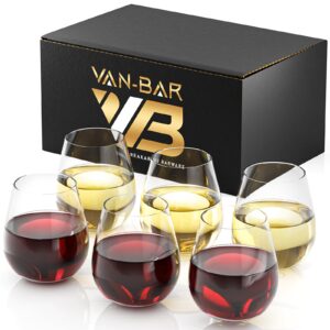 van-bar premium unbreakable stemless plastic wine glasses - 16 oz (set of 6) 100% tritan plastic - reusable - elegant - shatterproof - dishwasher safe - acrylic - great for indoor and outdoor