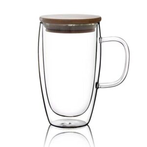 15 oz double walled coffee cups glass coffee mugs clear coffee mug with lid insulated coffee mug perfect for cappuccino,tea,milk ,espresso,juice, hot beverage with handle (15oz, with bamboo lid)