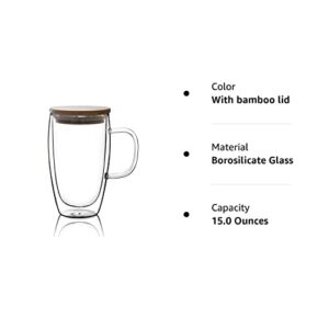 15 Oz Double Walled Coffee Cups Glass Coffee Mugs Clear Coffee Mug with Lid Insulated Coffee Mug Perfect for Cappuccino,Tea,milk ,Espresso,juice, Hot Beverage with Handle (15oz, with bamboo lid)