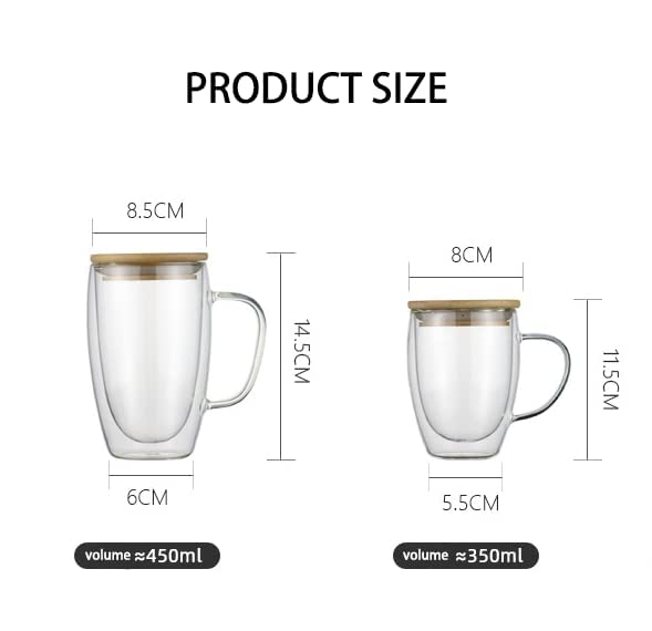 15 Oz Double Walled Coffee Cups Glass Coffee Mugs Clear Coffee Mug with Lid Insulated Coffee Mug Perfect for Cappuccino,Tea,milk ,Espresso,juice, Hot Beverage with Handle (15oz, with bamboo lid)