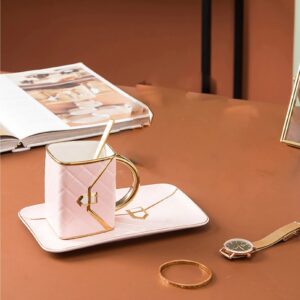 Anvirtue Handbag-Shaped Creative Ceramic Mug With Saucer Porcelain Tray & Spoon for Coffee, Hot Chocolate, Cappuccino, and Latte Breakfast (PINK)