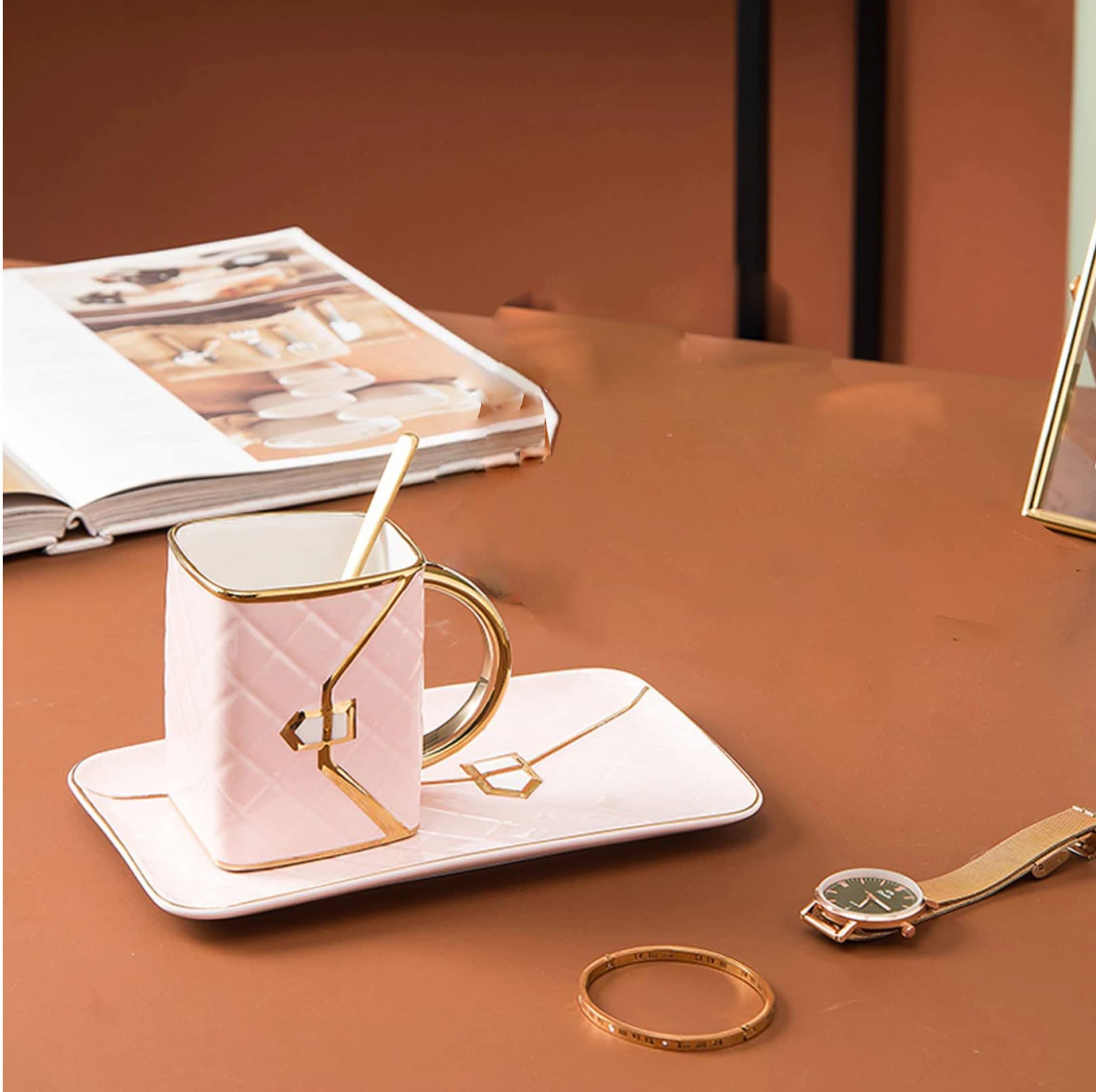 Anvirtue Handbag-Shaped Creative Ceramic Mug With Saucer Porcelain Tray & Spoon for Coffee, Hot Chocolate, Cappuccino, and Latte Breakfast (PINK)