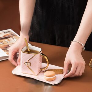 Anvirtue Handbag-Shaped Creative Ceramic Mug With Saucer Porcelain Tray & Spoon for Coffee, Hot Chocolate, Cappuccino, and Latte Breakfast (PINK)