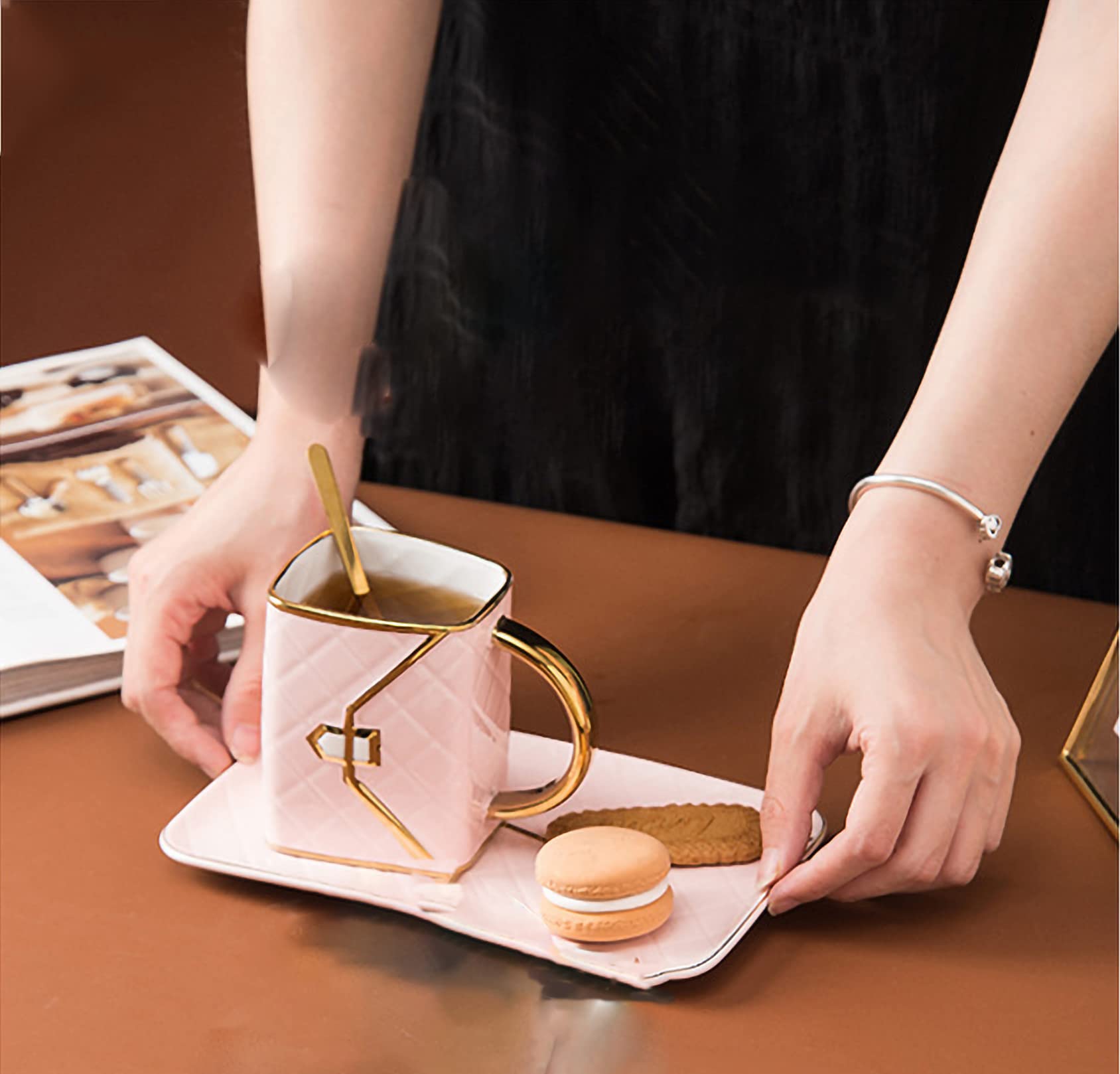 Anvirtue Handbag-Shaped Creative Ceramic Mug With Saucer Porcelain Tray & Spoon for Coffee, Hot Chocolate, Cappuccino, and Latte Breakfast (PINK)