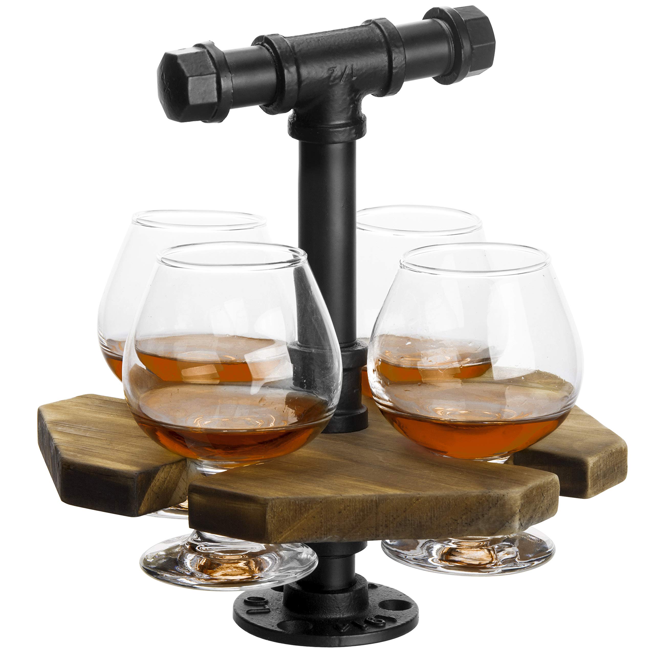 MyGift Solid Burnt Wood Serving Beer Whiskey Flight Set Tray with Industrial Black Metal Pipe Carrying Handle and 4 Small Snifter Style Tasting Beer Glasses