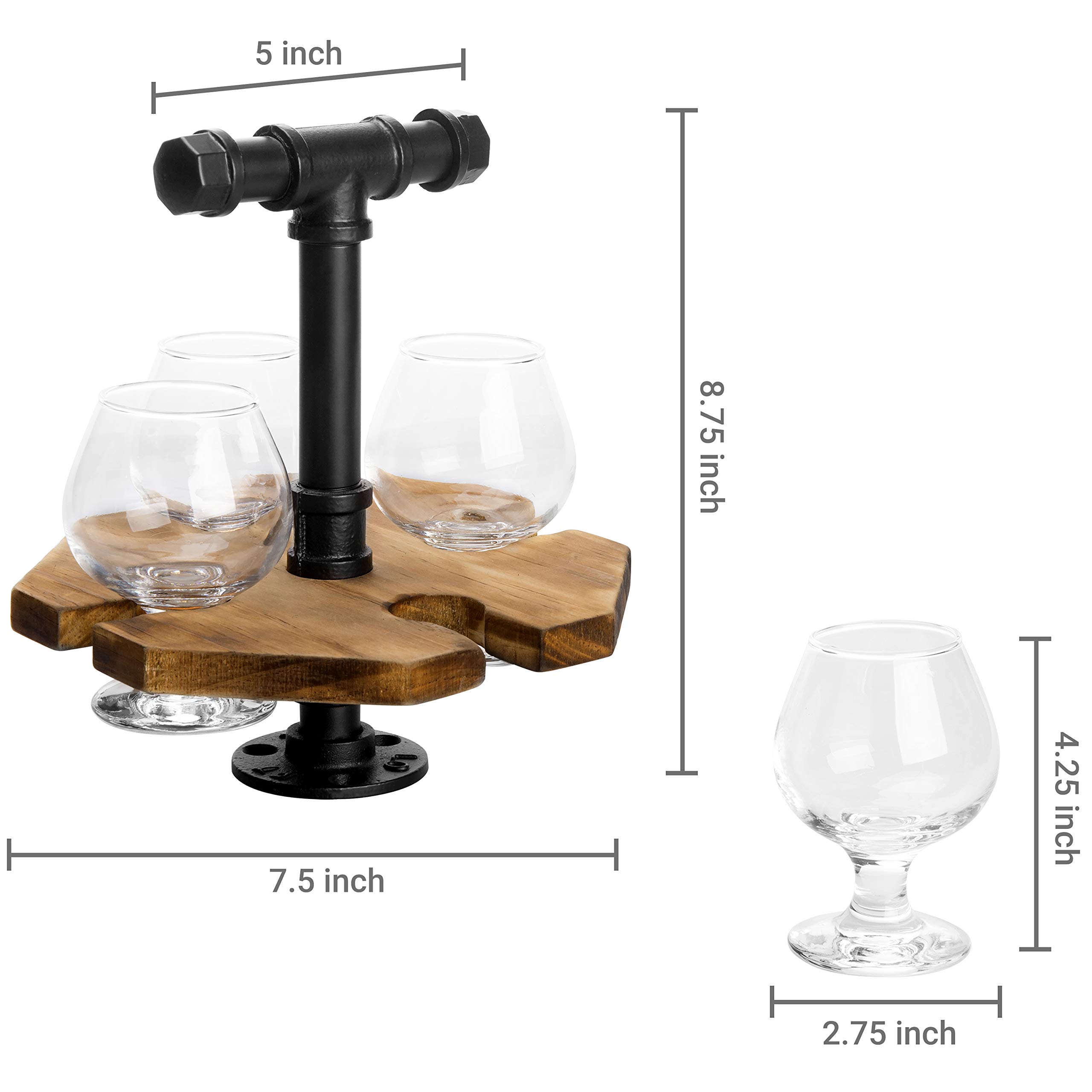 MyGift Solid Burnt Wood Serving Beer Whiskey Flight Set Tray with Industrial Black Metal Pipe Carrying Handle and 4 Small Snifter Style Tasting Beer Glasses