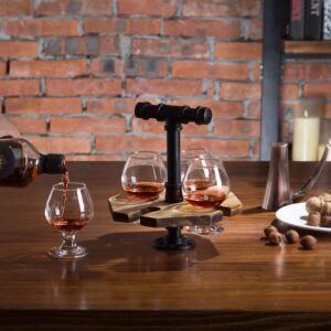 MyGift Solid Burnt Wood Serving Beer Whiskey Flight Set Tray with Industrial Black Metal Pipe Carrying Handle and 4 Small Snifter Style Tasting Beer Glasses