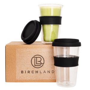 birchland double wall glass coffee cup with lid, insulated coffee tumbler, 12 oz, reusable travel coffee mug, set of 2
