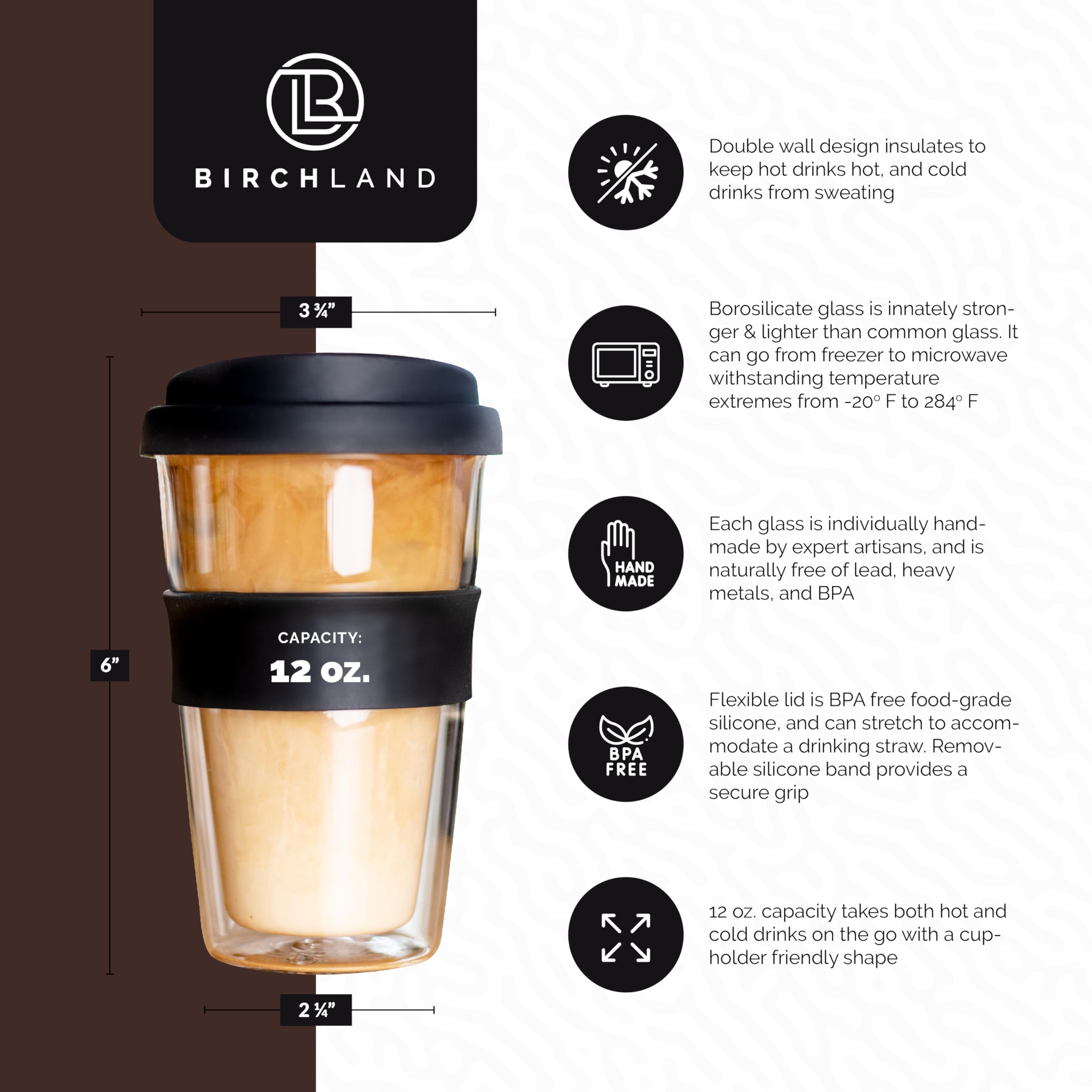 Birchland Double Wall Glass Coffee Cup with Lid, Insulated Coffee Tumbler, 12 oz, Reusable Travel Coffee Mug, Set of 2