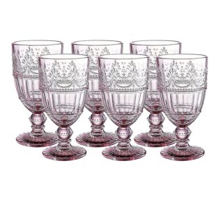 whole housewares | pink coloured glass goblet | set of 6 vintage drinking glasses | 11.5 oz embossed design | wedding, party wine glasses set of 6 (pink)