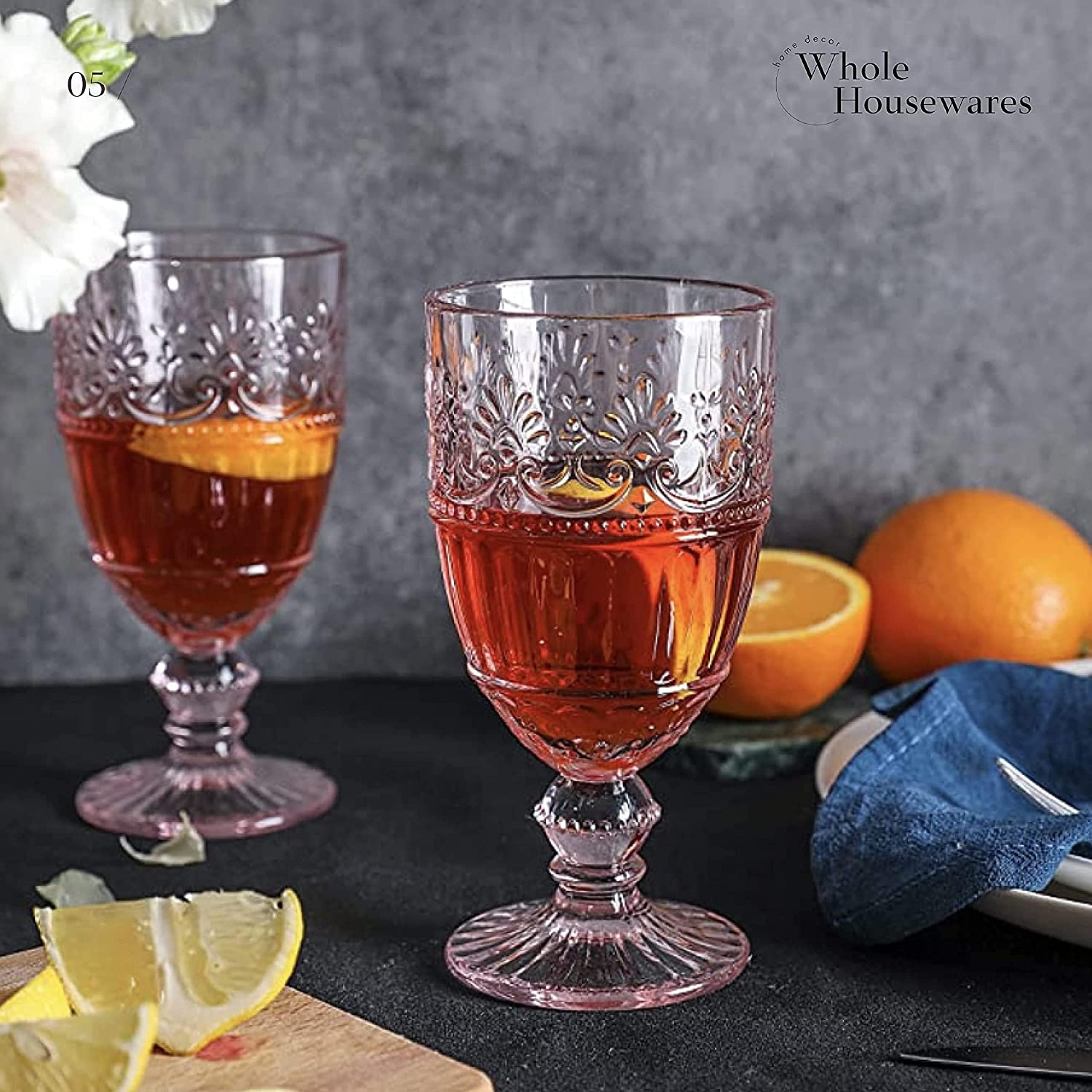 WHOLE HOUSEWARES | Pink Coloured Glass Goblet | Set of 6 Vintage Drinking Glasses | 11.5 oz Embossed Design | Wedding, Party Wine Glasses Set of 6 (Pink)