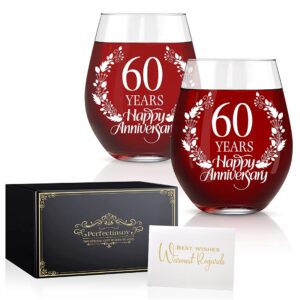 perfectinsoy 60 years happy anniversary wine glass set of 2, 60th anniversary wedding gift for mom, dad, wife, soulmate, couple, funny vintage unique personalized, 60 years gifts, wedding gifts