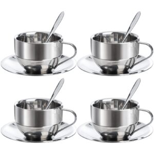 okllen 4 pack stainless steel coffee cup set, 6 oz coffee mugs with spoon and saucer, double walled espresso cups mugs for coffee, latte,tea, milk