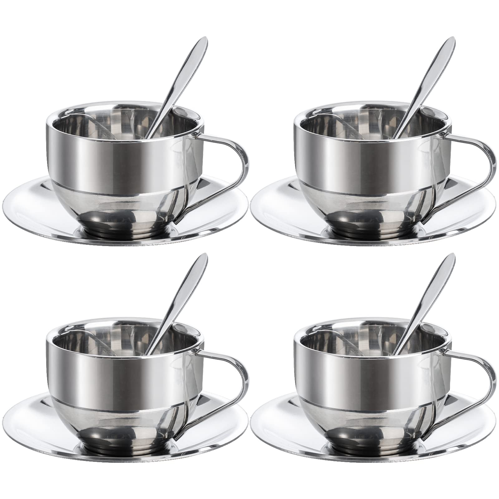 Okllen 4 Pack Stainless Steel Coffee Cup Set, 6 Oz Coffee Mugs with Spoon and Saucer, Double Walled Espresso Cups Mugs for Coffee, Latte,Tea, Milk