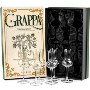 crystal grappa and cordial glasses | set of 6 | small 3 oz long stemmed spirit glassware for liqueur, after dinner drink, aperitif, digestive | tulip shaped liquor stemware for nosing, sipping