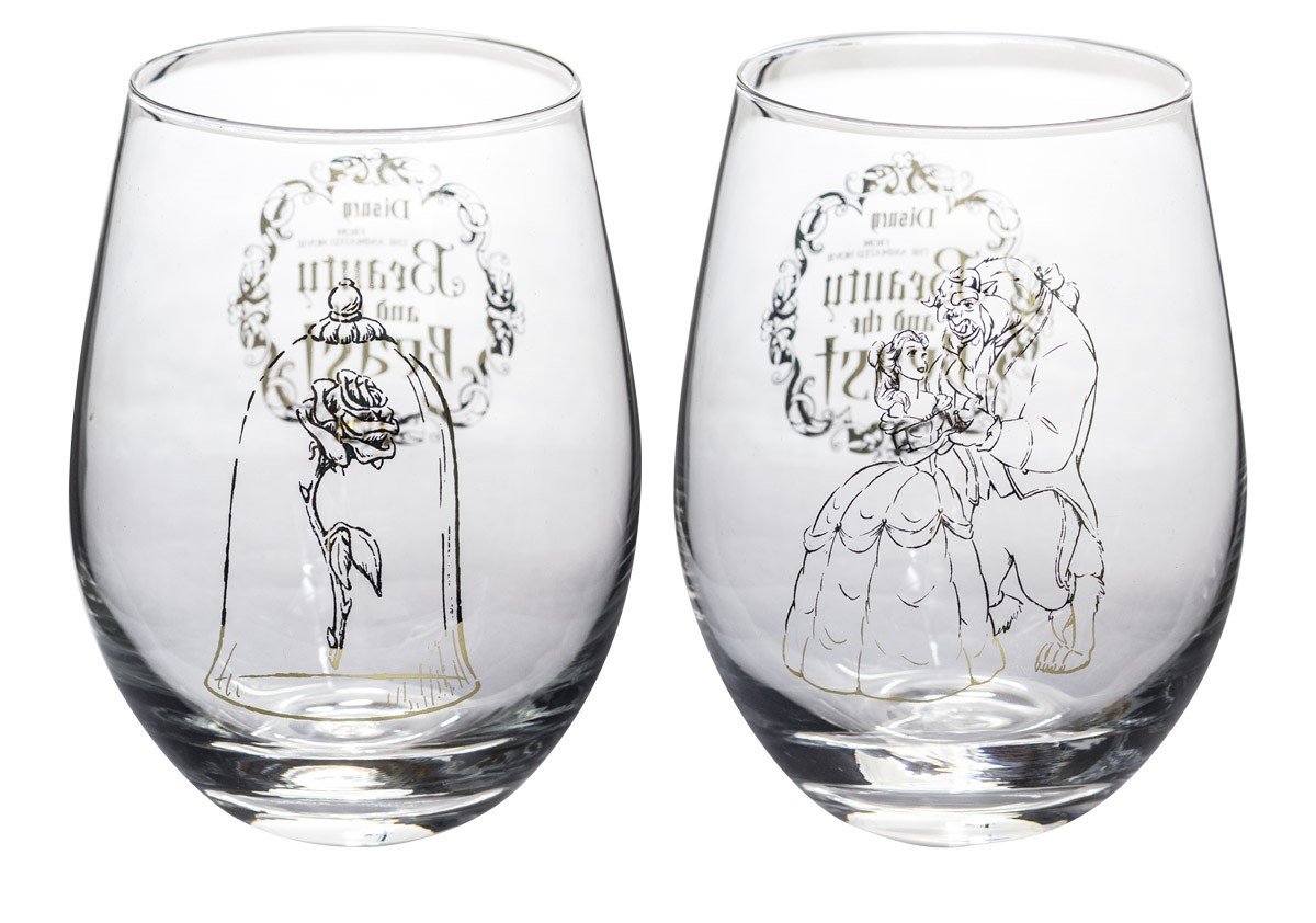 Disney Classics Collectible Stemless Tumbler Glass Sets - 16 Ounces - Set of 2 (Beauty & The Beast)