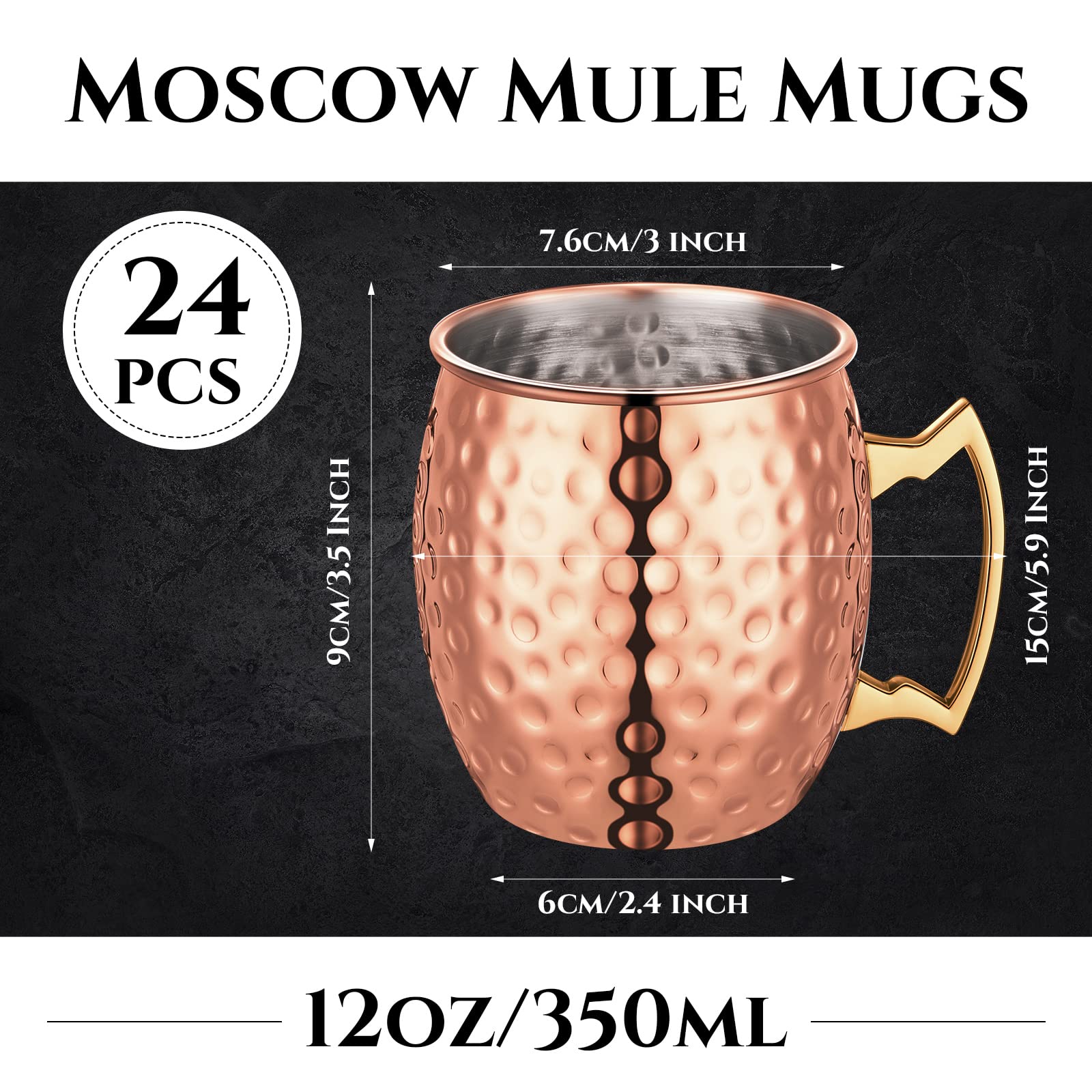 24 Pack Moscow Mule Mugs Set 12 oz Copper Cups Bulk Stainless Steel Moscow Mule Cup Tarnish Resistant Hammered Finish Cup Chilled Mule Coffee Mug for Cocktail Wedding Gift Drinkware (Rose Gold)