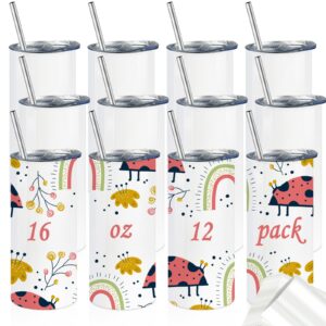 aiheart 16oz kids sublimation straight skinny tumbler,12pack sublimation stainless steel blanks bulk,double wall vacuum tumblers with shrink wrap films and straw,great diy gift for kid,toddler