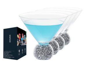 dounx set of 4 stemless martini glasses, 8oz margarita glasses for men and women, ultra-thin rim, lead-free glass, silver rhinestone-filled spherical base, reusable