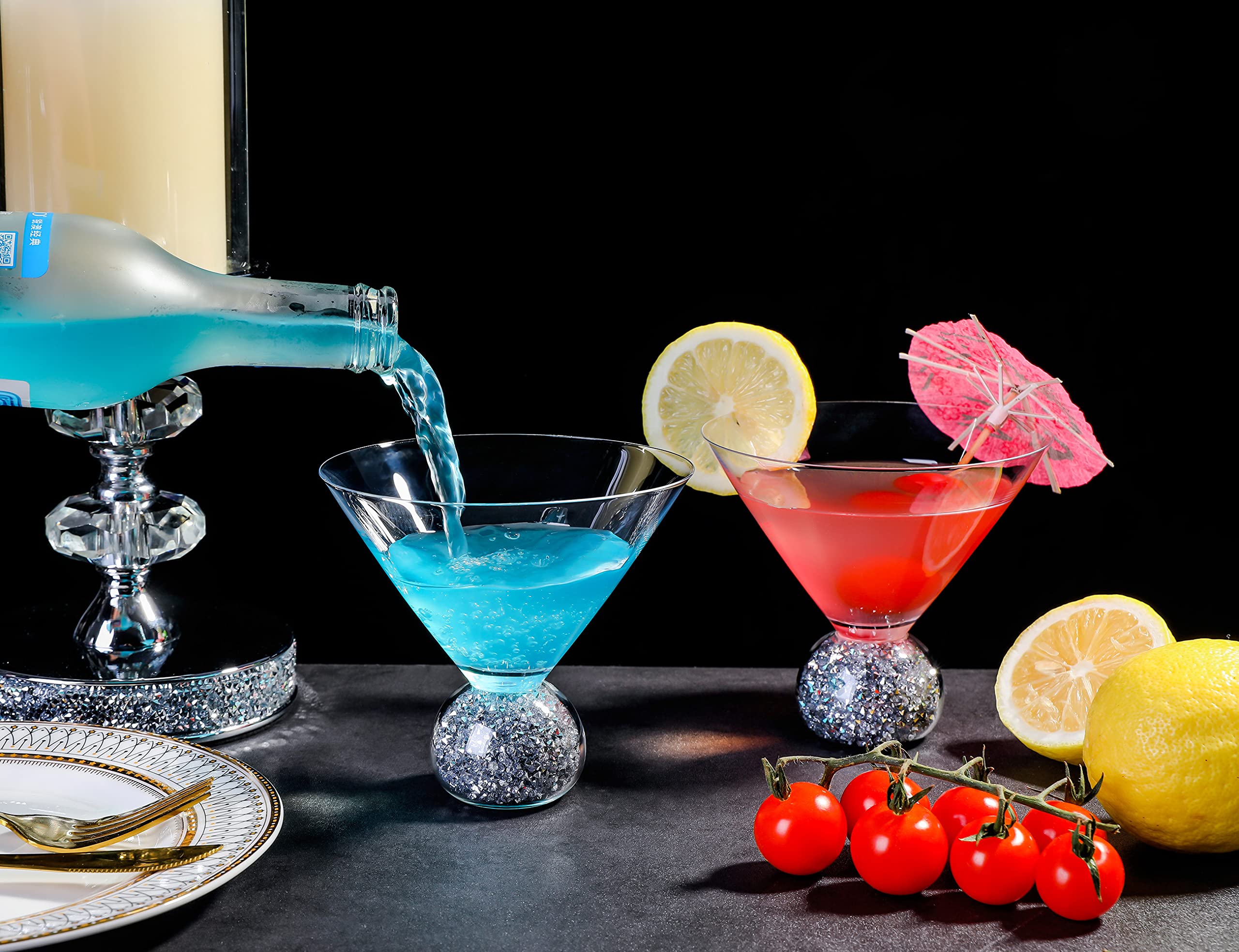 Dounx Set of 4 Stemless Martini Glasses, 8oz Margarita Glasses for Men and Women, Ultra-Thin Rim, Lead-Free Glass, Silver Rhinestone-Filled Spherical Base, Reusable