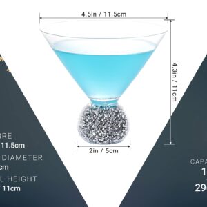 Dounx Set of 4 Stemless Martini Glasses, 8oz Margarita Glasses for Men and Women, Ultra-Thin Rim, Lead-Free Glass, Silver Rhinestone-Filled Spherical Base, Reusable