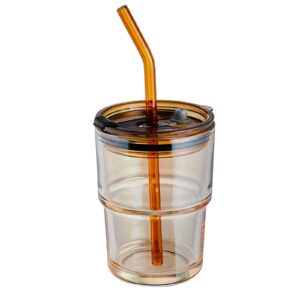 yknawoir 14oz/400ml tumbler water glass cups with lid and straw,glass water bottles reusable travel tumbler sealed carry on, drinking iced coffee cups for water smoothie tea juice, insulated glass cup