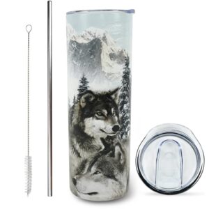 muanns wolf lovers gifts - wolf tumbler wolf cup with lid and straw - stainless steel insulated wolf coffee mug water bottle - 20 oz tumbler wolf travel mug