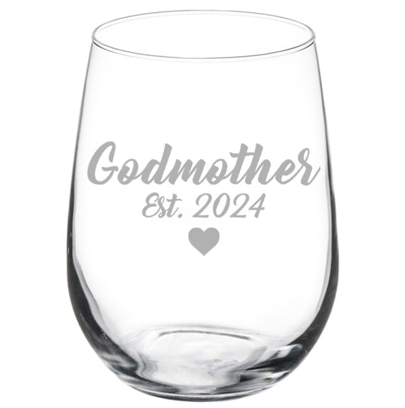 MIP Wine Glass Goblet Baptism Christening Godmother Est 2024 (17 oz Stemless)