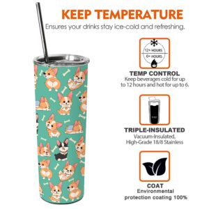 Heqianco Corgi Gifts Corgi Tumbler with Lid and Straw Corgi Gifts for Women Girls Corgi Lovers Gifts Insulated Stainless Steel Coffee Travel Mug for Ice Drink Cute Corgi Gifts for Corgi Lovers