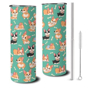 Heqianco Corgi Gifts Corgi Tumbler with Lid and Straw Corgi Gifts for Women Girls Corgi Lovers Gifts Insulated Stainless Steel Coffee Travel Mug for Ice Drink Cute Corgi Gifts for Corgi Lovers