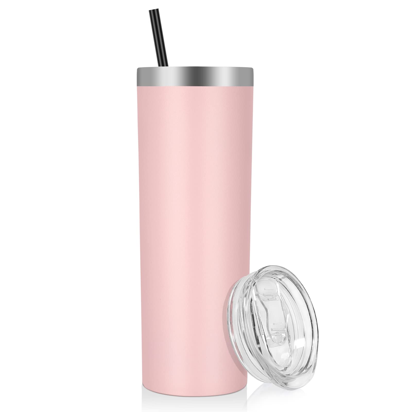 VEGOND Stainless Steel Skinny Tumbler, 20 oz Vacuum Insulated Tumbler with Lid and Straw, Double Wall Coffee Cup, Travel Mug for Cold Hot Drinks, Light Pink 1 Pack