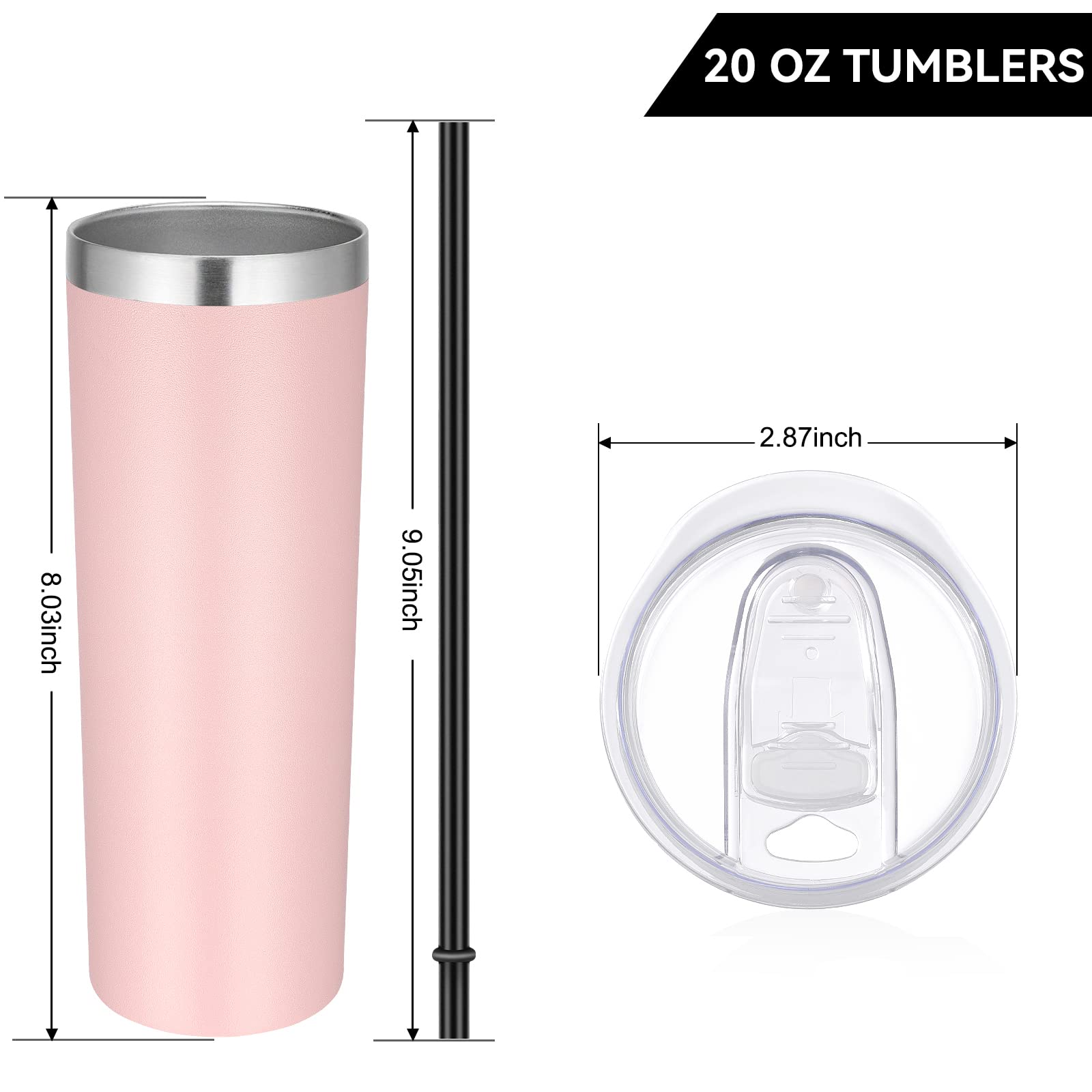 VEGOND Stainless Steel Skinny Tumbler, 20 oz Vacuum Insulated Tumbler with Lid and Straw, Double Wall Coffee Cup, Travel Mug for Cold Hot Drinks, Light Pink 1 Pack