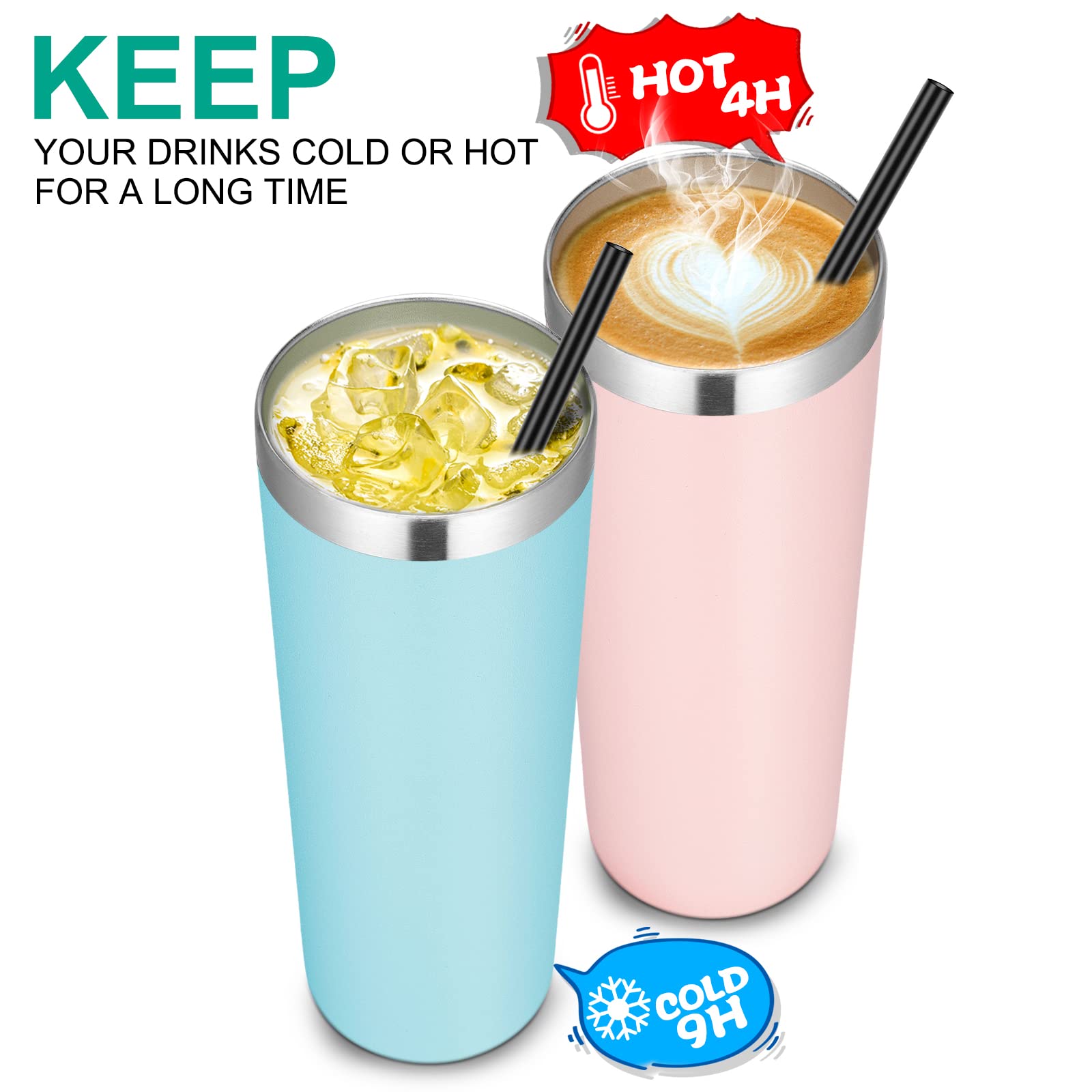 VEGOND Stainless Steel Skinny Tumbler, 20 oz Vacuum Insulated Tumbler with Lid and Straw, Double Wall Coffee Cup, Travel Mug for Cold Hot Drinks, Light Pink 1 Pack