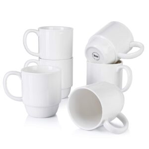 sweese 21 oz large coffee mug, porcelain stackable coffee mugs sets of 6, coffee cups with handle for coffee, tea and mulled drinks, white