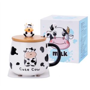 shendong cute cow coffee mug with lovely lid,kawaii coaster and spoon,cow print stuff gifts,ceramic tea cup,kawaii cow mugs,funny 3d animal cow mug,birthday gifts for women, cow lovers, girls kids