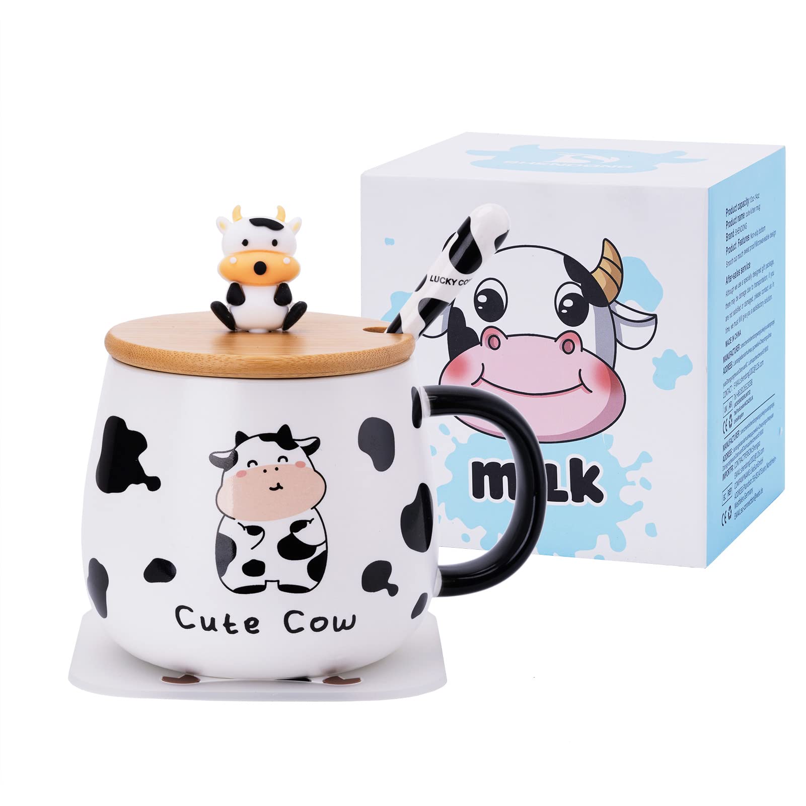 SHENDONG Cute Cow Coffee Mug with Lovely Lid,kawaii coaster and Spoon,Cow Print Stuff Gifts,Ceramic Tea Cup,Kawaii Cow Mugs,Funny 3D Animal Cow Mug,Birthday Gifts for Women, Cow Lovers, Girls Kids