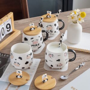 SHENDONG Cute Cow Coffee Mug with Lovely Lid,kawaii coaster and Spoon,Cow Print Stuff Gifts,Ceramic Tea Cup,Kawaii Cow Mugs,Funny 3D Animal Cow Mug,Birthday Gifts for Women, Cow Lovers, Girls Kids