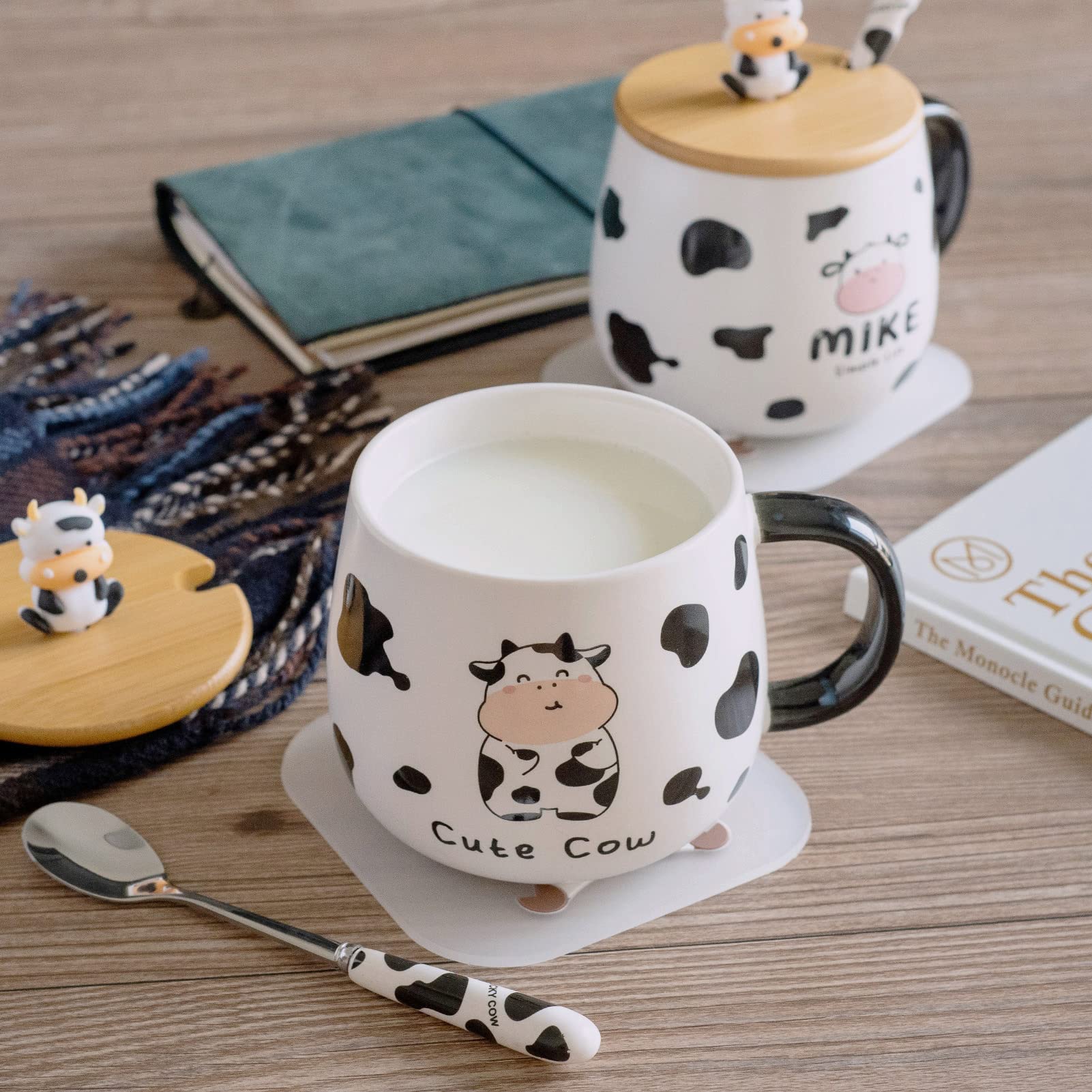 SHENDONG Cute Cow Coffee Mug with Lovely Lid,kawaii coaster and Spoon,Cow Print Stuff Gifts,Ceramic Tea Cup,Kawaii Cow Mugs,Funny 3D Animal Cow Mug,Birthday Gifts for Women, Cow Lovers, Girls Kids