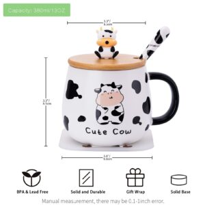 SHENDONG Cute Cow Coffee Mug with Lovely Lid,kawaii coaster and Spoon,Cow Print Stuff Gifts,Ceramic Tea Cup,Kawaii Cow Mugs,Funny 3D Animal Cow Mug,Birthday Gifts for Women, Cow Lovers, Girls Kids