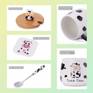 SHENDONG Cute Cow Coffee Mug with Lovely Lid,kawaii coaster and Spoon,Cow Print Stuff Gifts,Ceramic Tea Cup,Kawaii Cow Mugs,Funny 3D Animal Cow Mug,Birthday Gifts for Women, Cow Lovers, Girls Kids