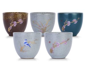 vanenjoy set of 5 hand-drawn traditional chinese ceramic teacup tea cups, floral and bird pattern, bulk teacup in gift box (floral birds)