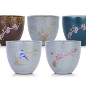 VanEnjoy Set of 5 Hand-Drawn Traditional Chinese Ceramic Teacup Tea Cups, Floral and Bird Pattern, Bulk Teacup in Gift Box (Floral Birds)